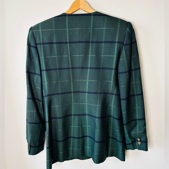 Vintage Green & Dark Navy Window Pane Plaid Double Breasted Blazer Size 10 - Picture 4 of 11
